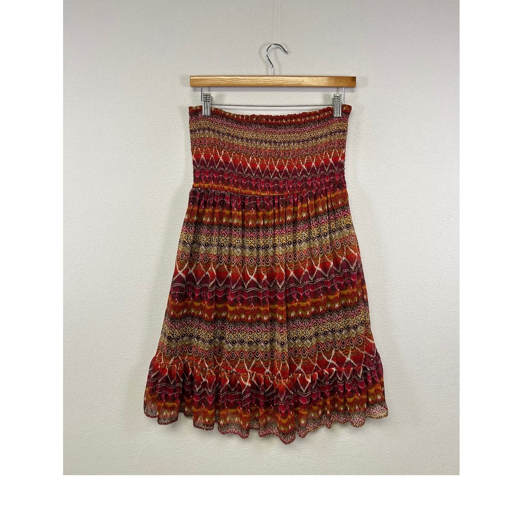Boho Festival Maurices Womens Small Red Ikat Smocked Strapless Ruffle Mini Dress